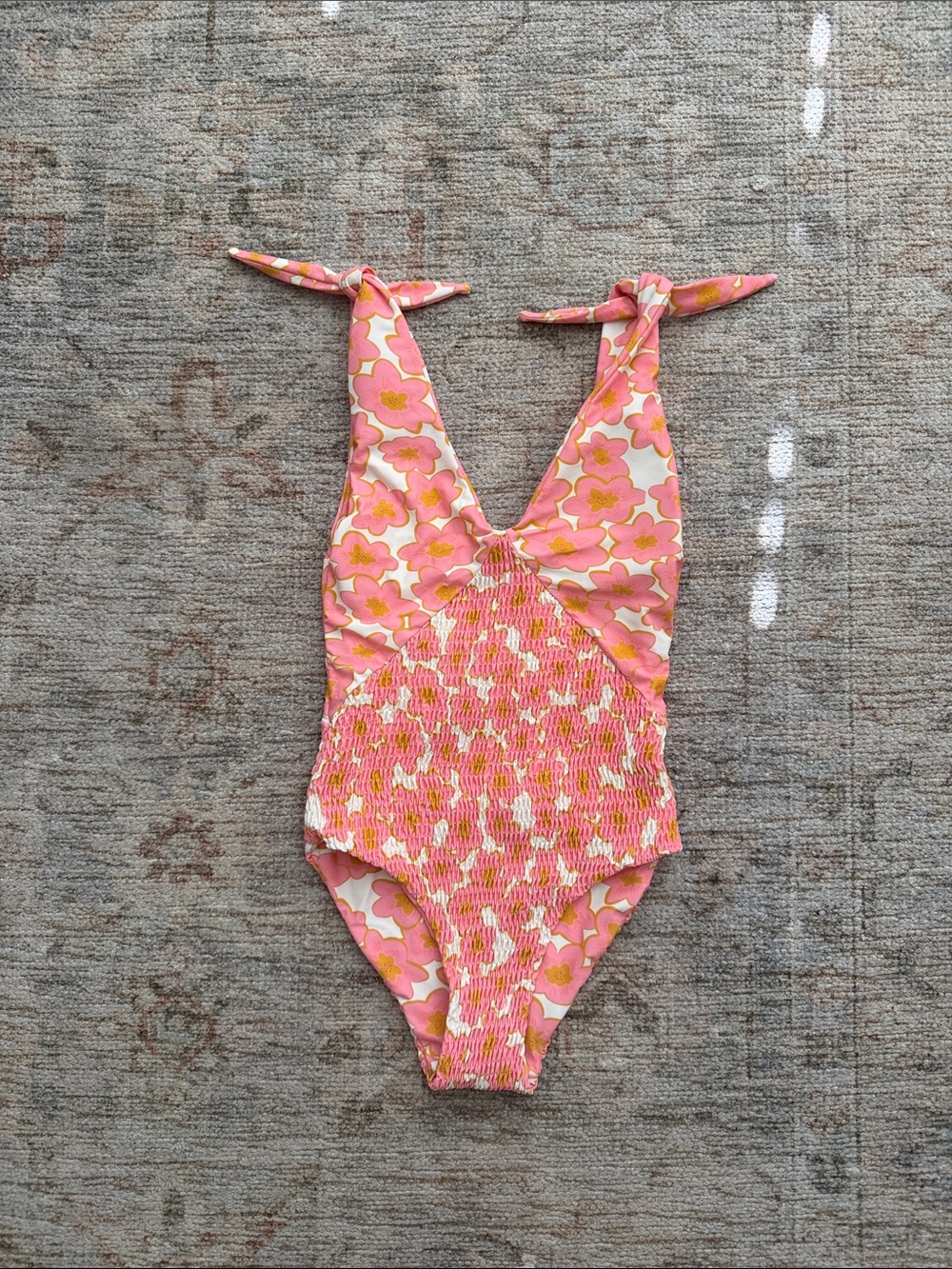 Citrine Laurel Pink Floral Tie-Shoulder One-Piece Swimsuit with Smocked Waist